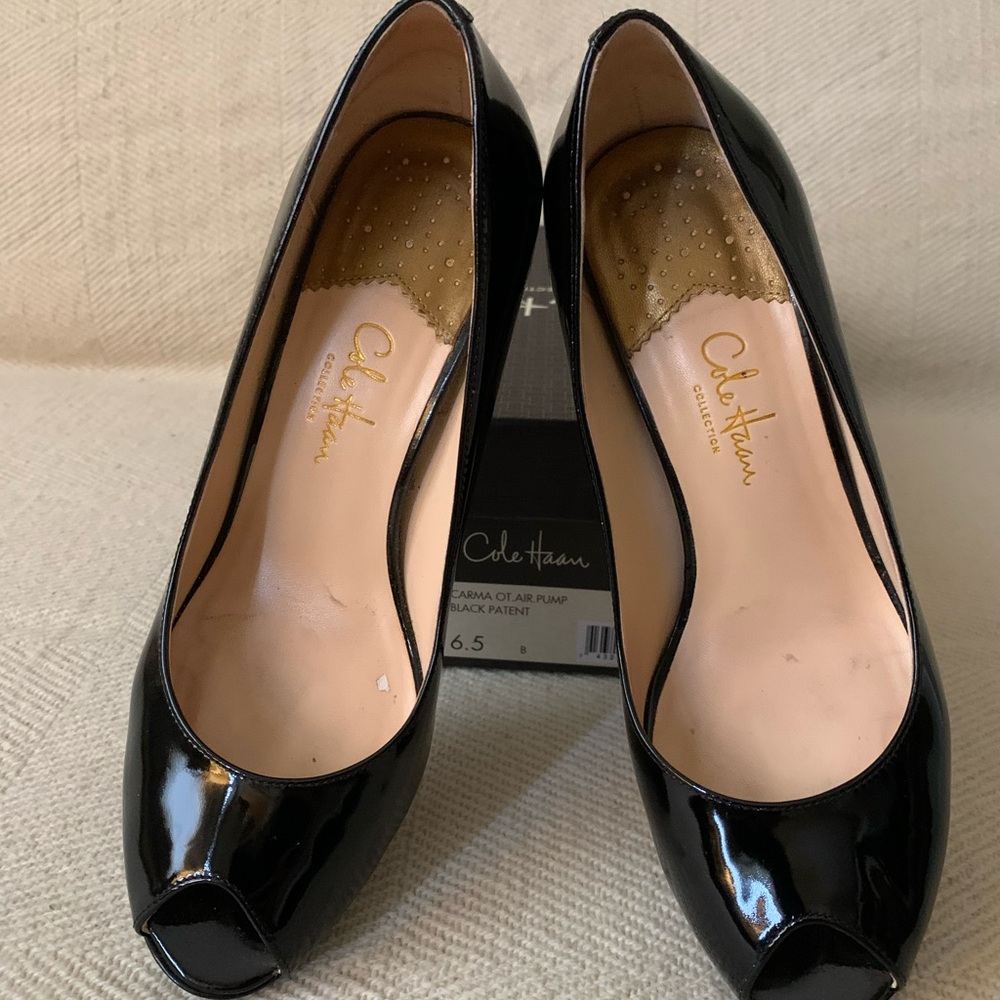 Cole Haan Black Patent Leather Peep Toe Heels